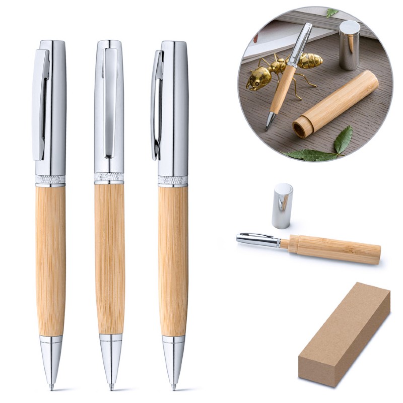Caneta Personalizada Elegância em Bambu e Metal com Estojo em ABS